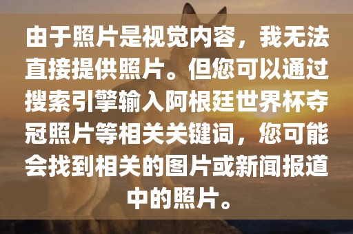 由于照片是视觉内容，我无法直漯河市盈旭机械设备有限公司接提供照片。但您可以通过搜索引擎输入阿根廷世界杯夺冠照片等相关关键词，您可能会找到相关的图片或新闻报道中的照片。
