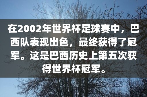 在2002年世界杯足球赛中，巴西队表现出色，最终获得了冠军。这是巴西历史上第五次获得世界杯冠军。