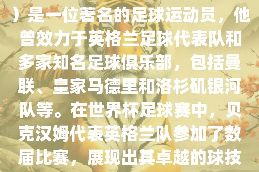 贝克汉姆（David Beckham）是一位著名的足球运动员，他曾效力于英格兰足球代表队和多家知名足球俱乐部，包括曼联、皇家马德里和洛杉矶银河队等。在世界杯足球赛中，贝克汉姆代表英格兰队参加了数届比赛，展现出其卓越的球技和魅力。