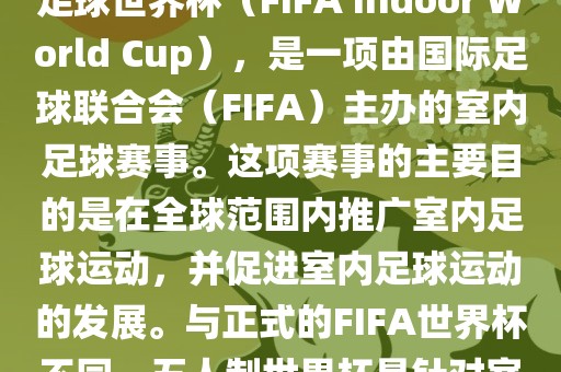 五人制世界杯，也被称为室内足球世界杯（FIFA Indoor World Cup），是一项由国际足球联合会（FIFA）主办的室内足球赛事。这项赛事的主要目的是在全球范围内推广室内足球运动，并促进室内足球运动的发展。与正式的FIFA世界杯不同，五人制世界杯是针对室内足球的比赛。
