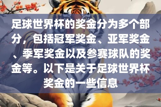 足球世界杯的奖金分为多个部分，包括冠军奖金、亚军奖金、季军奖金以及参赛球队的奖金等。以下是关于足球世界杯奖金的一些信息