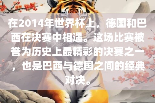 在2014年世界杯上，德国和巴西在决赛中相遇。这场比赛被誉为历史上最精彩的决赛之一，也是巴西与德国之间的经典对决。