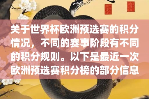关于世界杯欧洲预选赛的积分情况，不同的赛事阶段有不同的积分规则。以下是最近一次欧洲预选赛积分榜的部分信息
