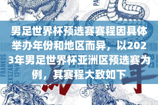 男足世界杯预选赛赛程因具体举办年份和地区而异，以2023年男足世界杯亚洲区预选赛为例，其赛程大致如下