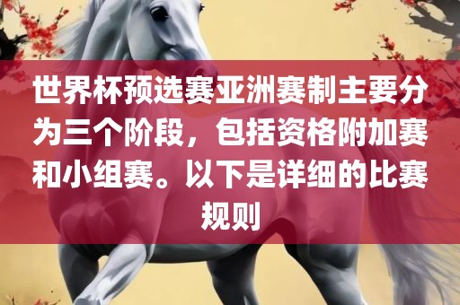 世界杯预选赛亚洲赛制主要分为三个阶段，包括资格附加赛和小组赛。以下是详细的比赛规则