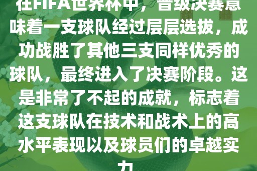 在FIFA世界杯中，晋级决赛意味着一支球队经过层层选拔，成功战胜了其他三支同样优秀的球队，最终进入了决赛阶段。这是非常了不起的成就，标志着这支球队在技术和战术上的高水平表现以及球员们的卓越实力。